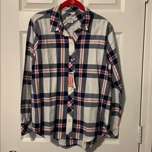NWT navy and bright pink flannel style button down
